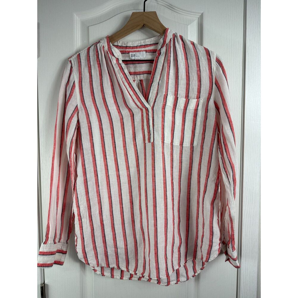 GAP 100% Linen Red White Blue Stripe Long Sleeve Popover Top Women's S Small